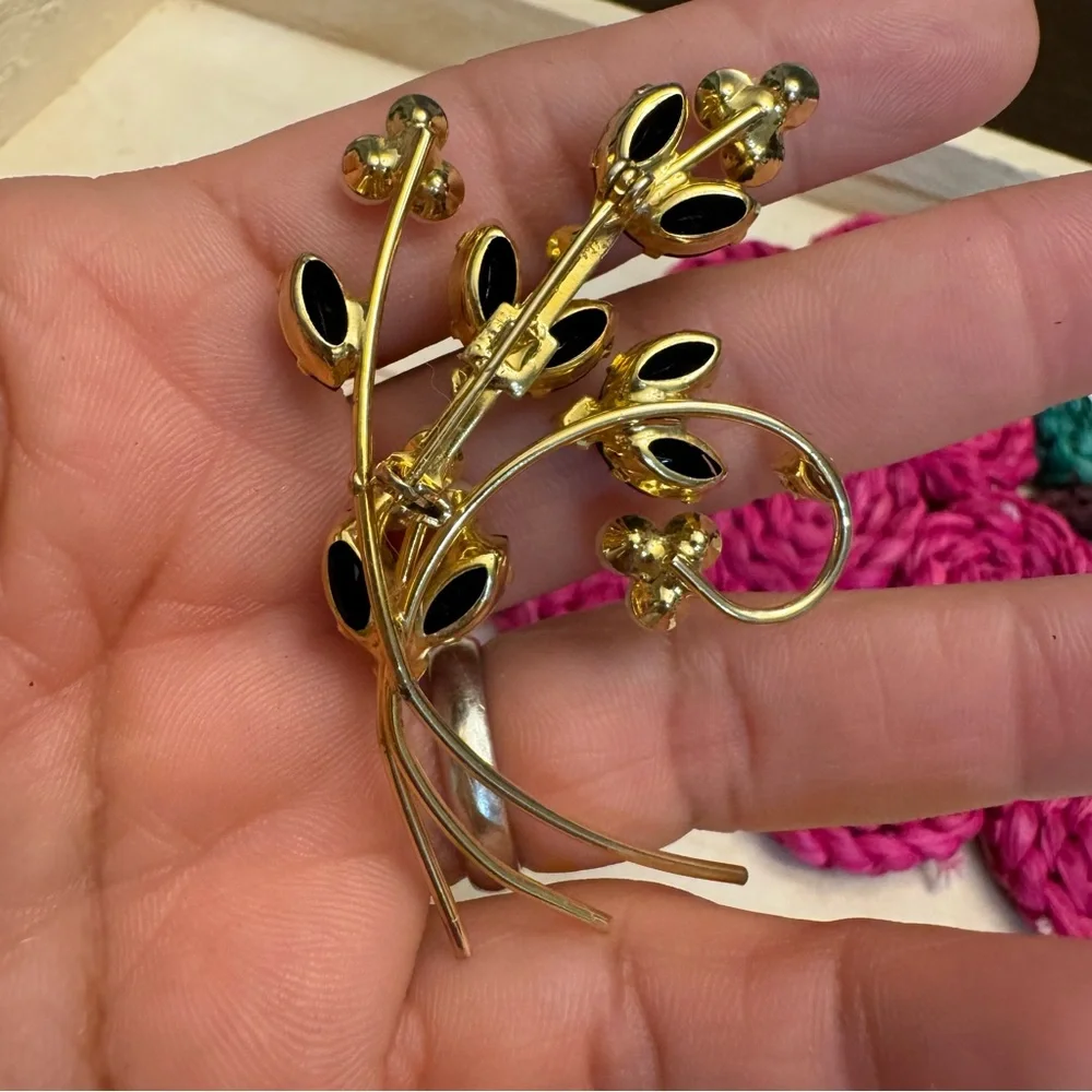 Vintage Black Marquise Rhinestones and Pearls Floral Brooch Pin